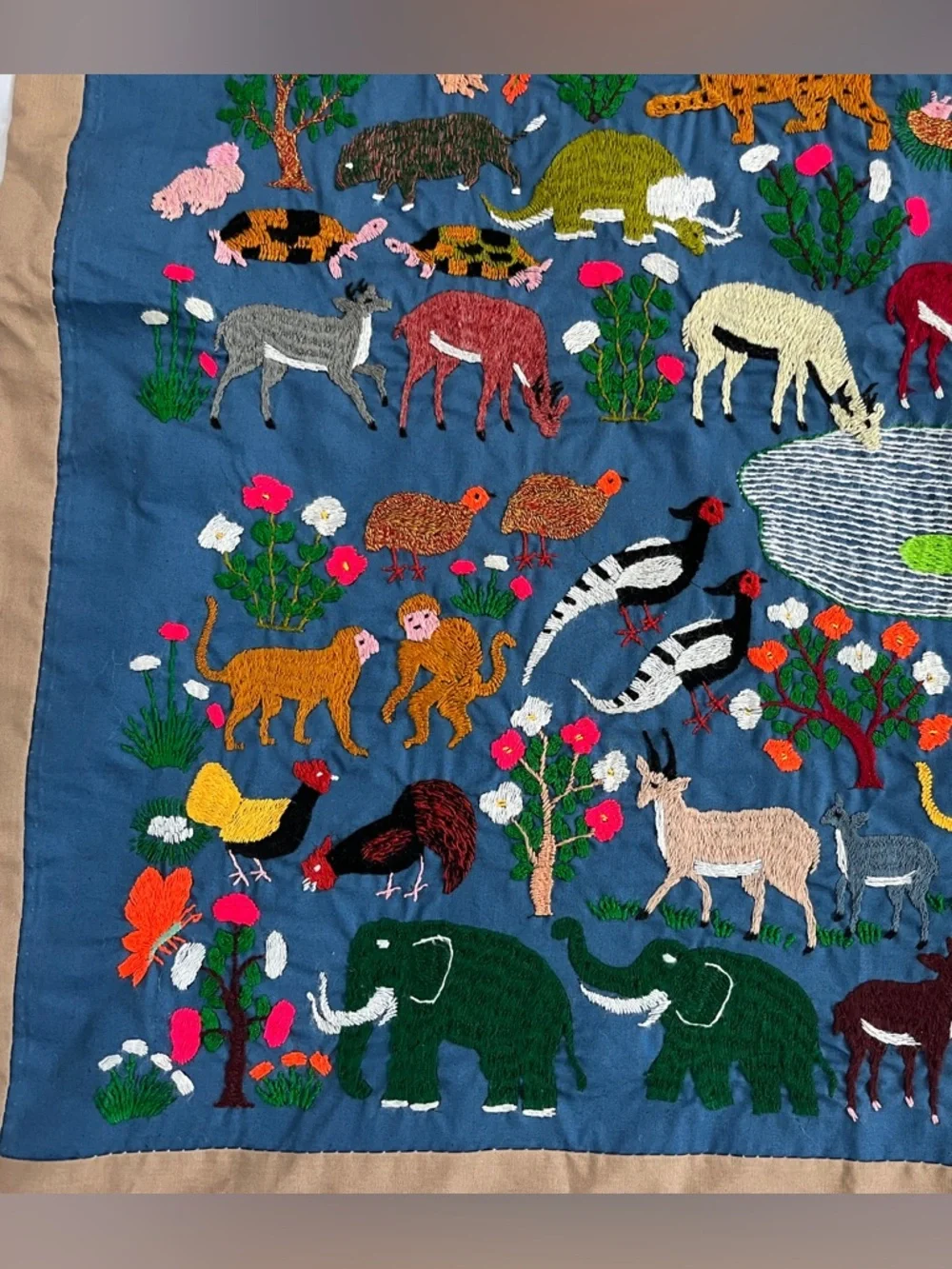 Vtg Hmong Thailand Story Cloth 36 x 38 Forest Jungle Animal Watering Hole Blue